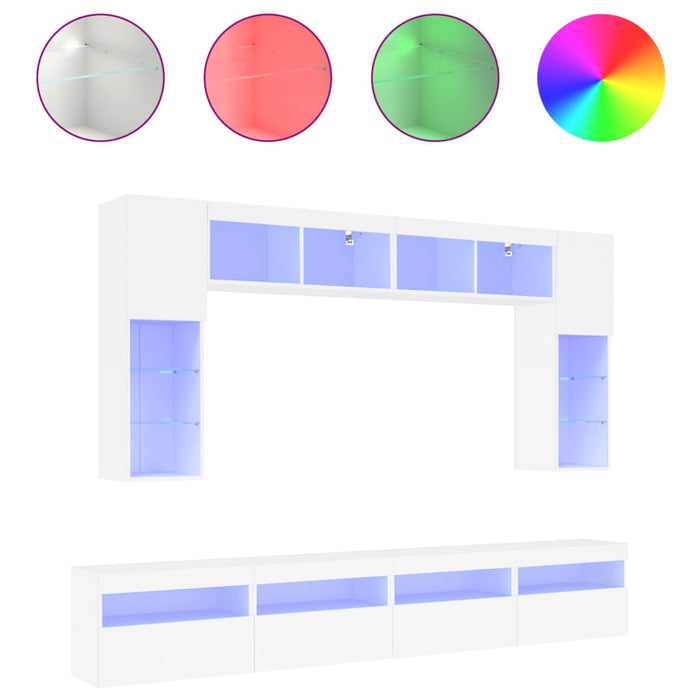 Set comode TV de perete, 8 piese, cu lumini LED, alb - WALTI WALTI