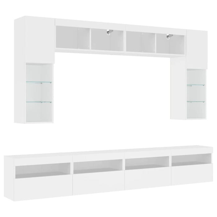 Set comode TV de perete, 8 piese, cu lumini LED, alb - WALTI WALTI