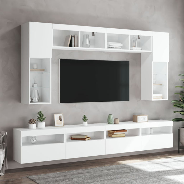 Set comode TV de perete, 8 piese, cu lumini LED, alb - WALTI WALTI