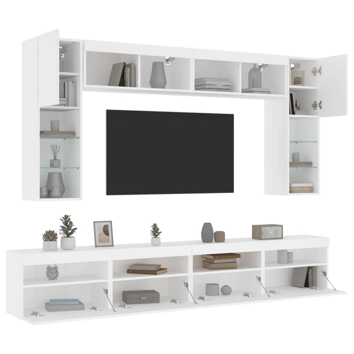 Set comode TV de perete, 8 piese, cu lumini LED, alb - WALTI WALTI