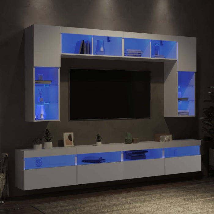 Set comode TV de perete, 8 piese, cu lumini LED, alb - WALTI WALTI