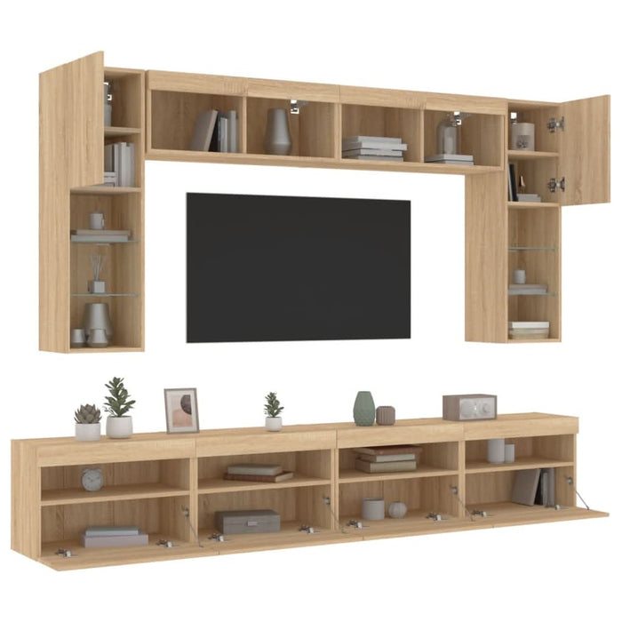 Comode TV de perete cu lumini LED, 8 piese, stejar sonoma - WALTI WALTI