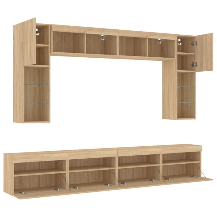 Comode TV de perete cu lumini LED, 8 piese, stejar sonoma - WALTI WALTI