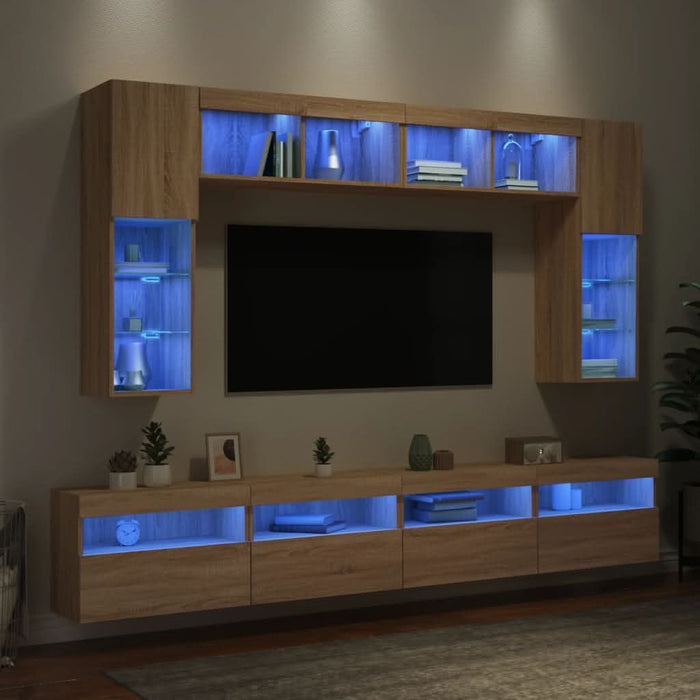 Comode TV de perete cu lumini LED, 8 piese, stejar sonoma - WALTI WALTI