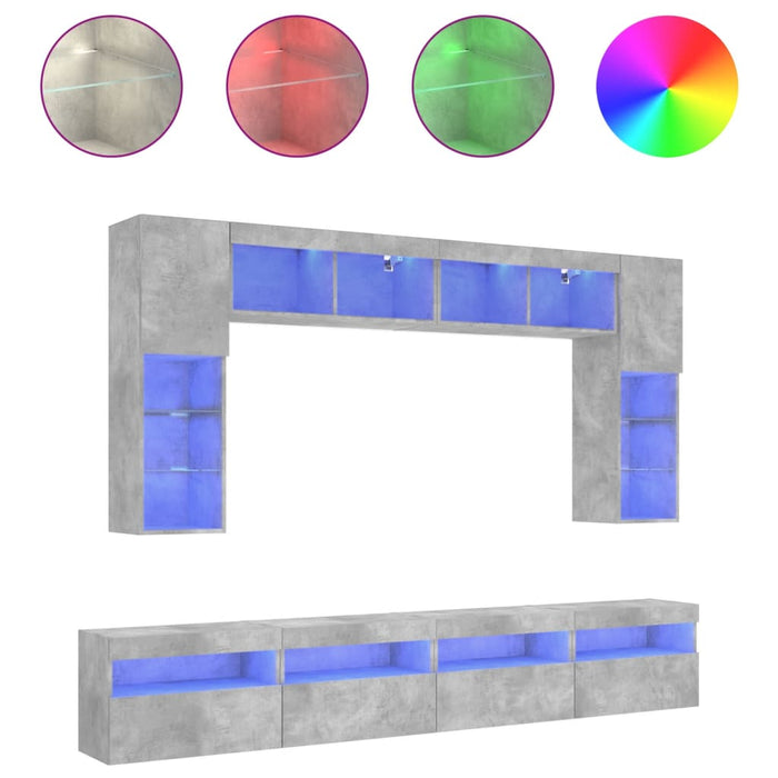 Set comode TV de perete cu lumini LED, 8 piese, gri beton - WALTI WALTI