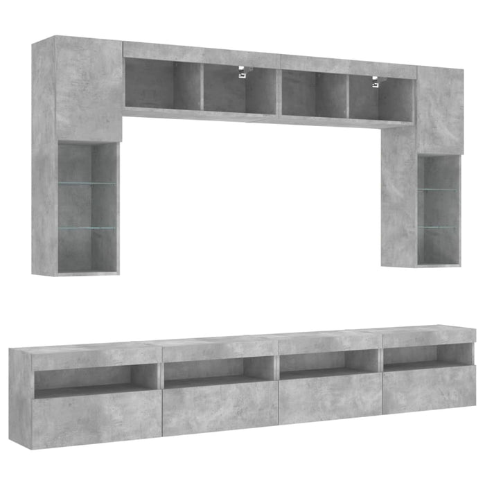 Set comode TV de perete cu lumini LED, 8 piese, gri beton - WALTI WALTI