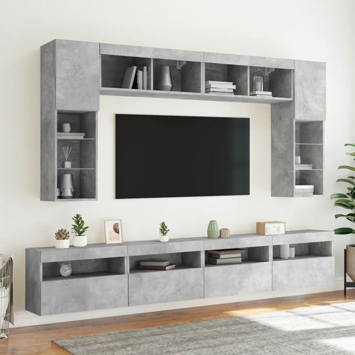 Set comode TV de perete cu lumini LED, 8 piese, gri beton - WALTI WALTI