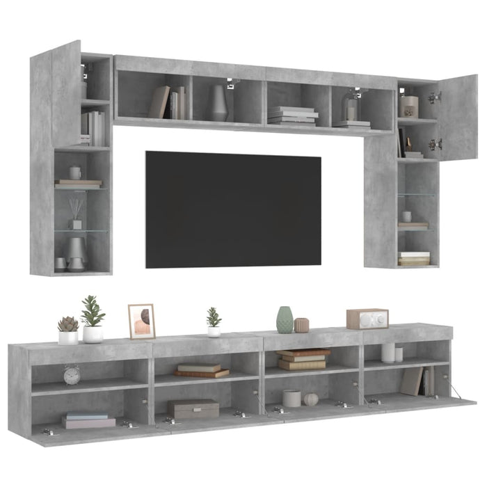Set comode TV de perete cu lumini LED, 8 piese, gri beton - WALTI WALTI