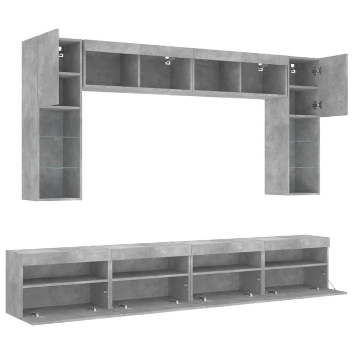Set comode TV de perete cu lumini LED, 8 piese, gri beton - WALTI WALTI