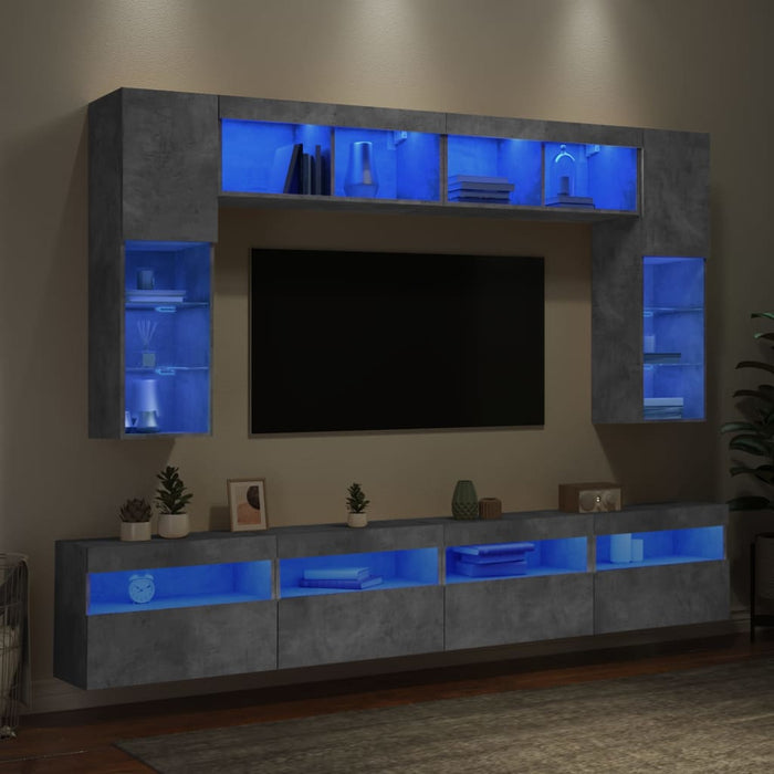 Set comode TV de perete cu lumini LED, 8 piese, gri beton - WALTI WALTI