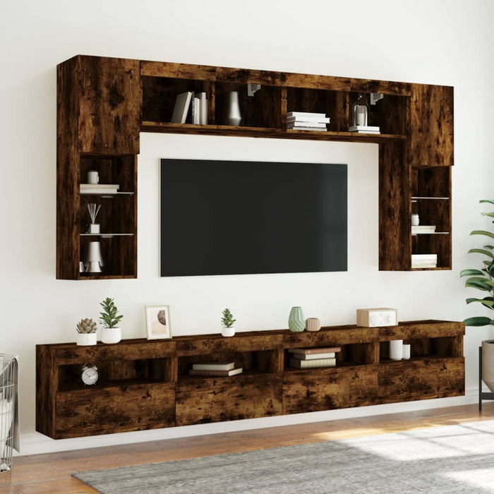 Comode TV de perete cu lumini LED, 8 piese, stejar fumuriu WALTI