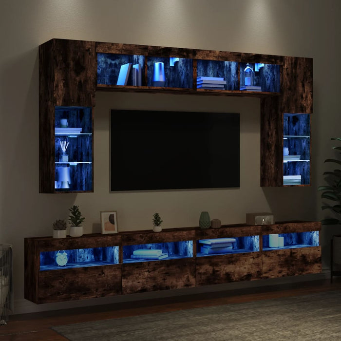 Comode TV de perete cu lumini LED, 8 piese, stejar fumuriu WALTI