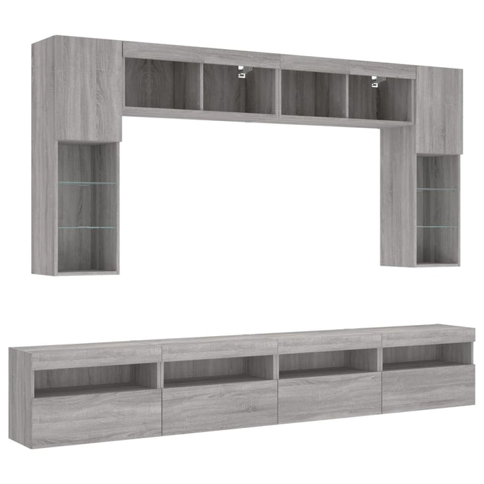 Comode TV de perete cu lumini LED, 8 piese, gri sonoma WALTI