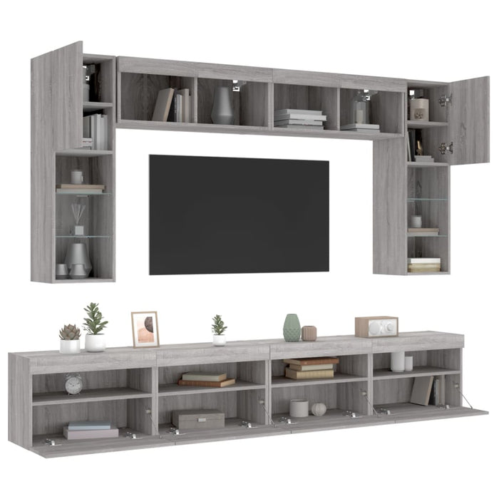Comode TV de perete cu lumini LED, 8 piese, gri sonoma WALTI