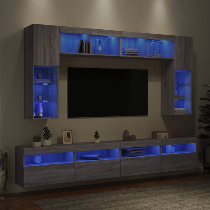 Comode TV de perete cu lumini LED, 8 piese, gri sonoma WALTI