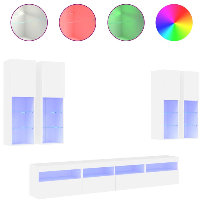 Set comode TV de perete, 7 piese, cu lumini LED, alb - WALTI WALTI