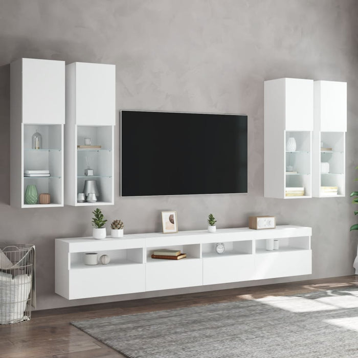 Set comode TV de perete, 7 piese, cu lumini LED, alb - WALTI WALTI