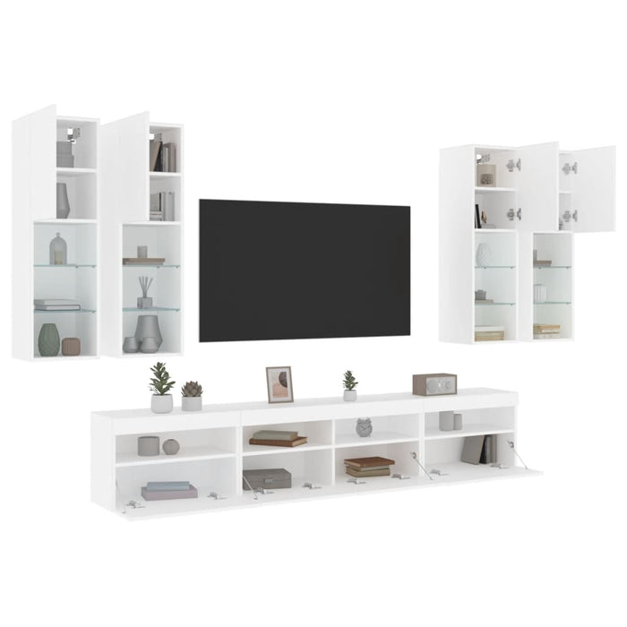 Set comode TV de perete, 7 piese, cu lumini LED, alb - WALTI WALTI