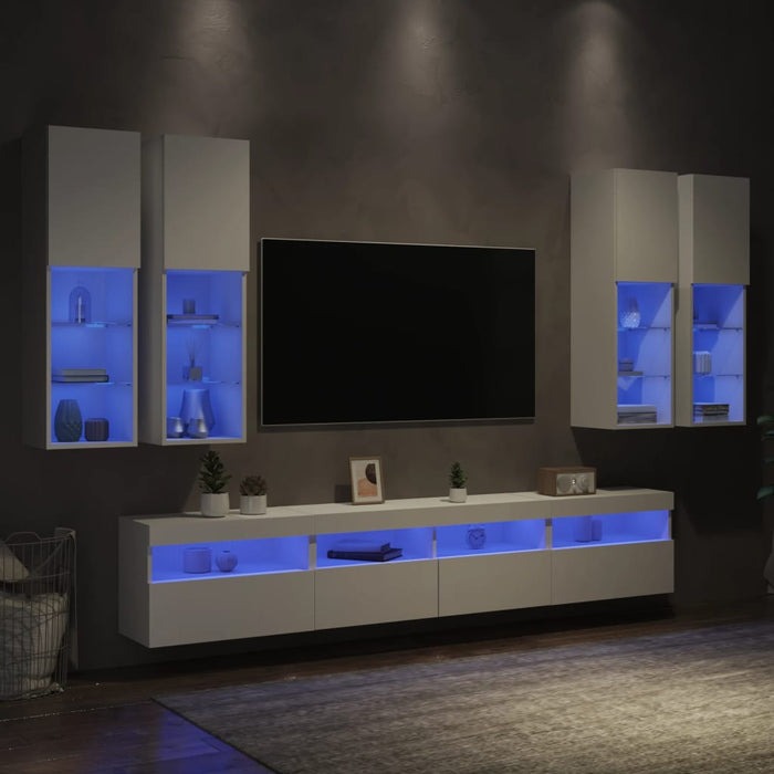 Set comode TV de perete, 7 piese, cu lumini LED, alb - WALTI WALTI