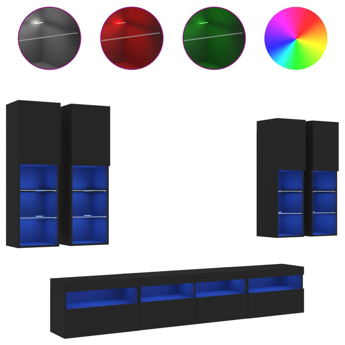 Set comode TV de perete, 7 piese, cu lumini LED, negru WALTI