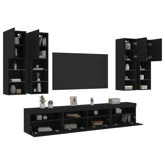 Set comode TV de perete, 7 piese, cu lumini LED, negru WALTI