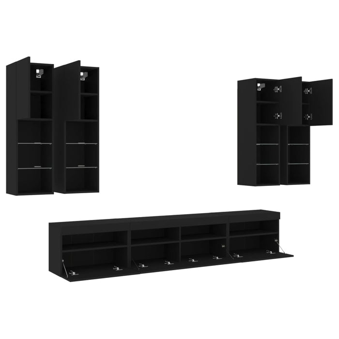Set comode TV de perete, 7 piese, cu lumini LED, negru WALTI