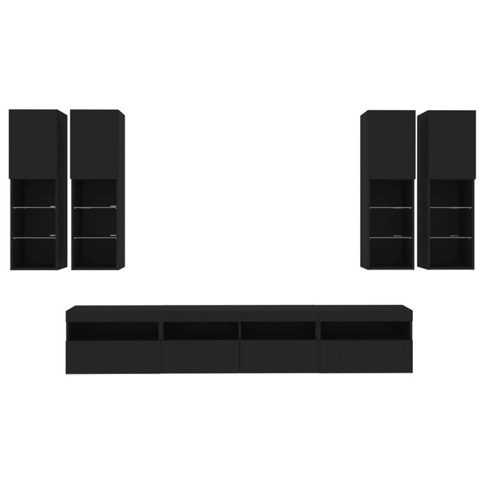 Set comode TV de perete, 7 piese, cu lumini LED, negru WALTI
