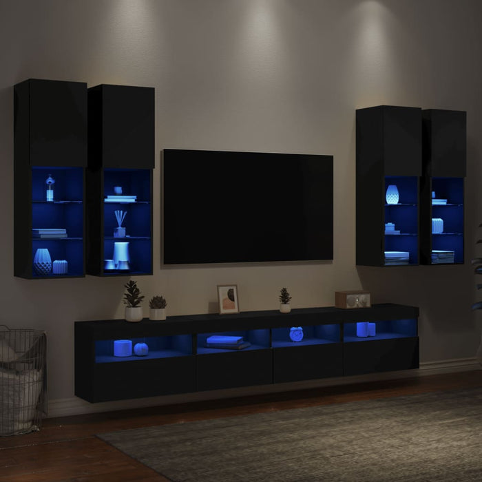 Set comode TV de perete, 7 piese, cu lumini LED, negru WALTI