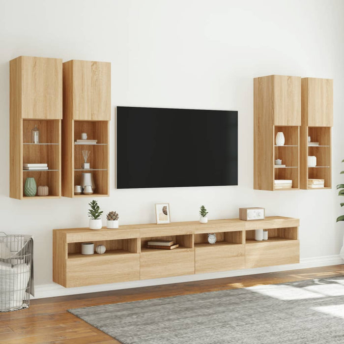 Comode TV de perete cu lumini LED, 7 piese, stejar sonoma - WALTI WALTI