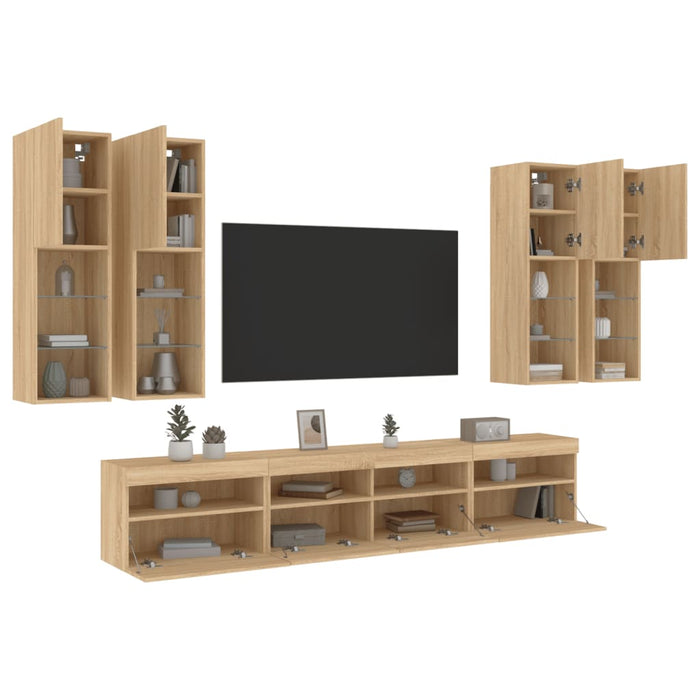 Comode TV de perete cu lumini LED, 7 piese, stejar sonoma - WALTI WALTI