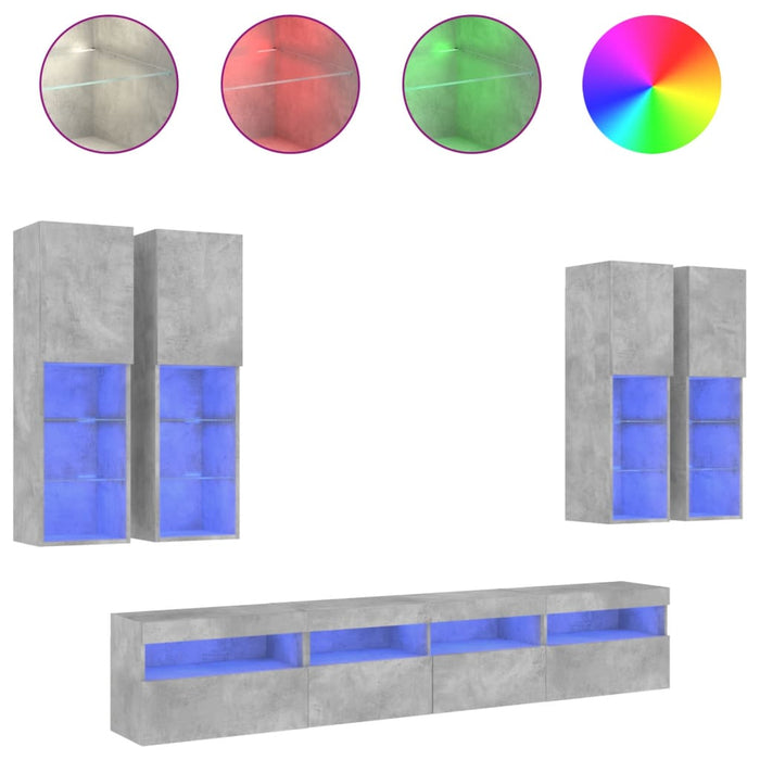 Set comode TV de perete cu lumini LED, 7 piese, gri beton WALTI