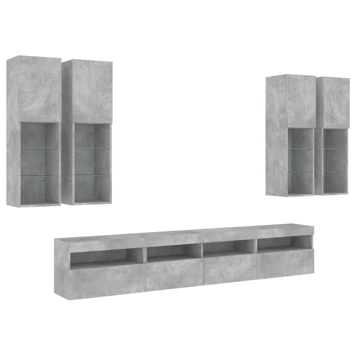 Set comode TV de perete cu lumini LED, 7 piese, gri beton WALTI
