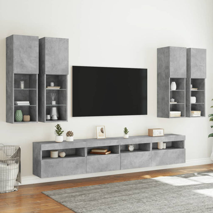 Set comode TV de perete cu lumini LED, 7 piese, gri beton WALTI