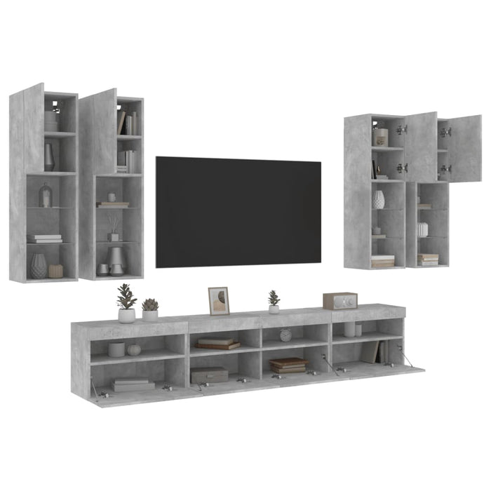 Set comode TV de perete cu lumini LED, 7 piese, gri beton WALTI