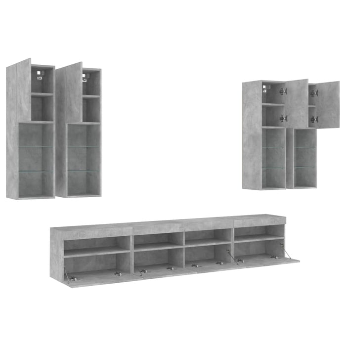 Set comode TV de perete cu lumini LED, 7 piese, gri beton WALTI