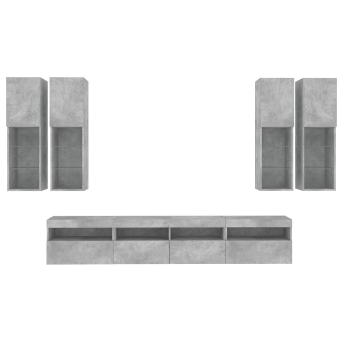 Set comode TV de perete cu lumini LED, 7 piese, gri beton WALTI