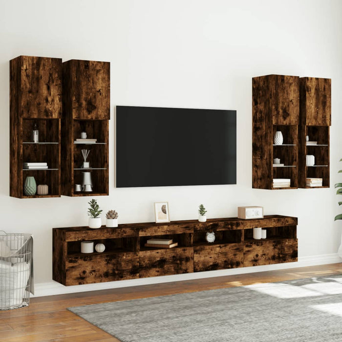 Comode TV de perete cu lumini LED, 7 piese, stejar fumuriu - WALTI WALTI