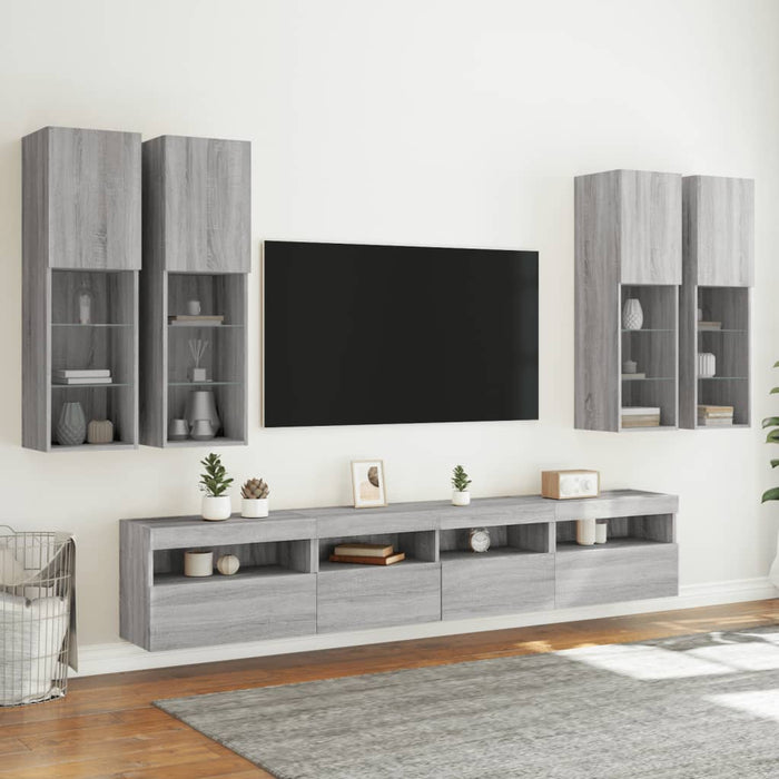 Comode TV de perete cu lumini LED, 7 piese, gri sonoma - WALTI WALTI
