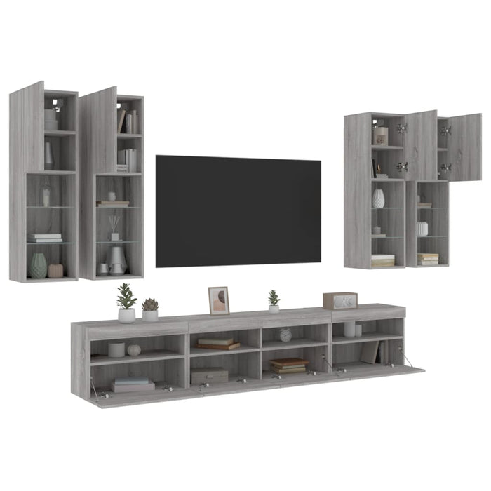 Comode TV de perete cu lumini LED, 7 piese, gri sonoma - WALTI WALTI
