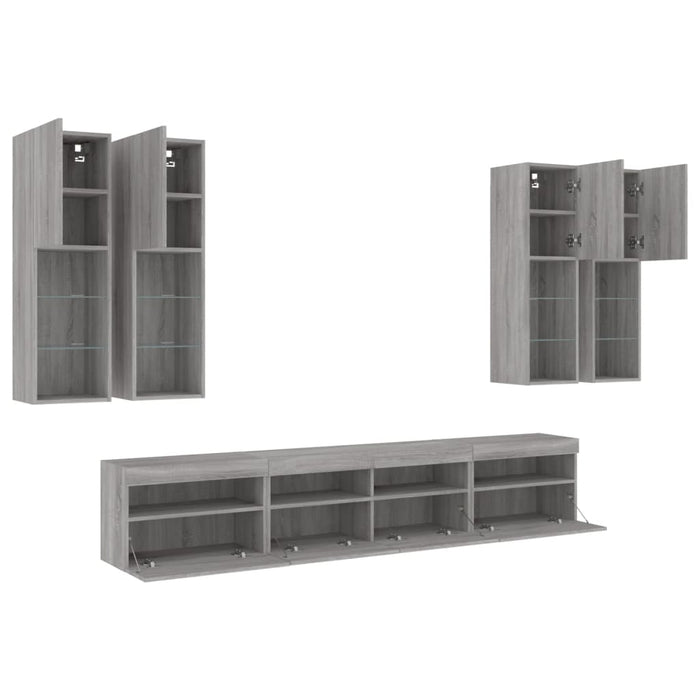 Comode TV de perete cu lumini LED, 7 piese, gri sonoma - WALTI WALTI