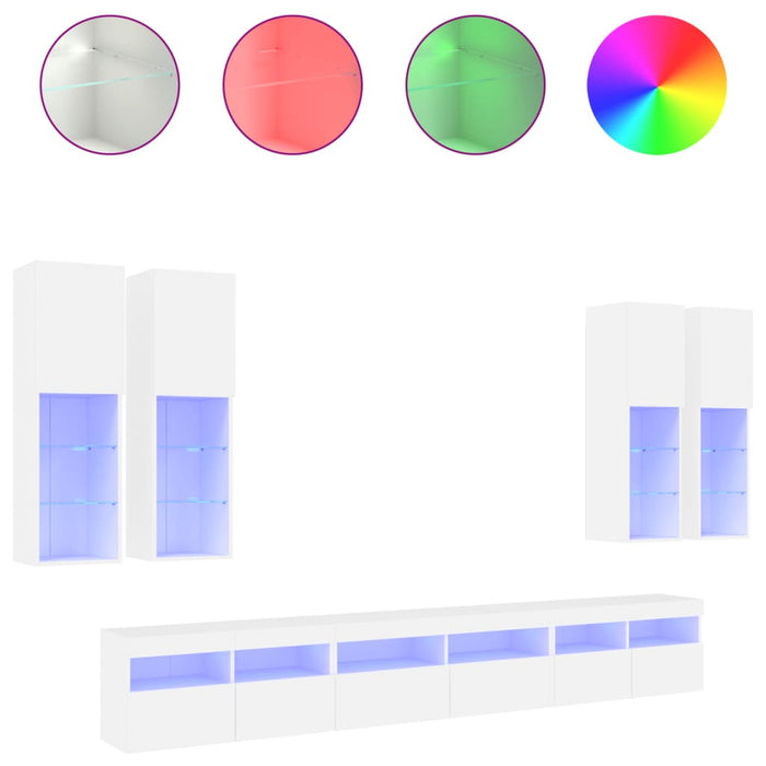 Set comode TV de perete, 7 piese, cu lumini LED, alb - WALTI WALTI