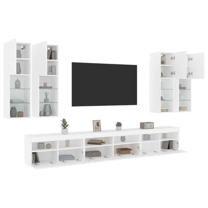 Set comode TV de perete, 7 piese, cu lumini LED, alb - WALTI WALTI