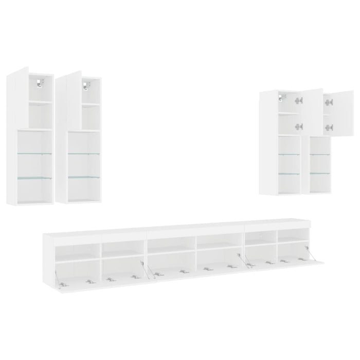 Set comode TV de perete, 7 piese, cu lumini LED, alb - WALTI WALTI