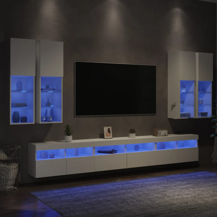 Set comode TV de perete, 7 piese, cu lumini LED, alb - WALTI WALTI