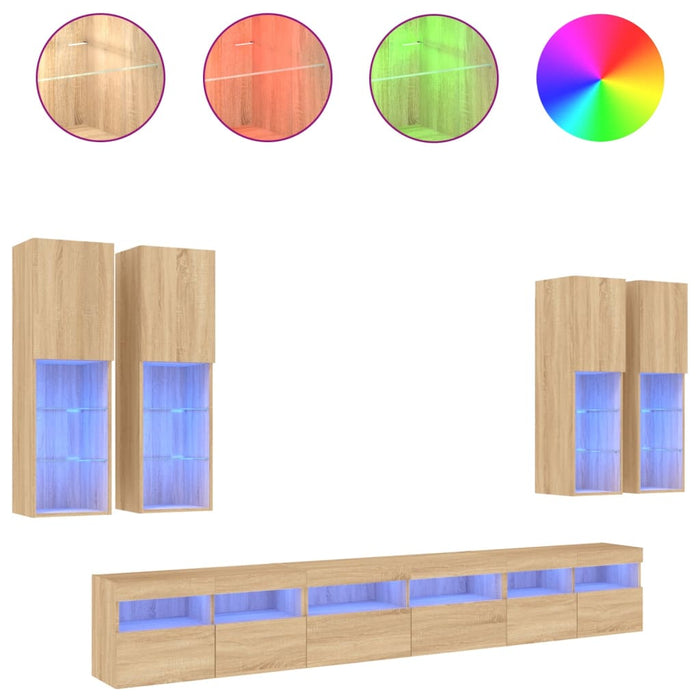 Comode TV de perete cu lumini LED, 7 piese, stejar sonoma - WALTI WALTI