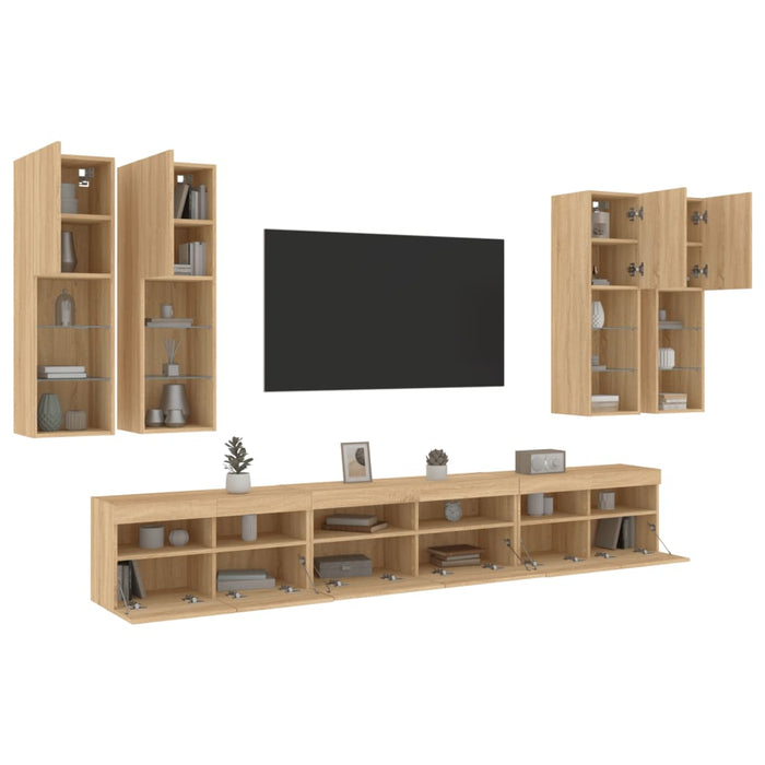 Comode TV de perete cu lumini LED, 7 piese, stejar sonoma - WALTI WALTI