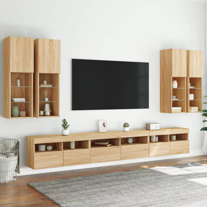 Comode TV de perete cu lumini LED, 7 piese, stejar sonoma - WALTI WALTI
