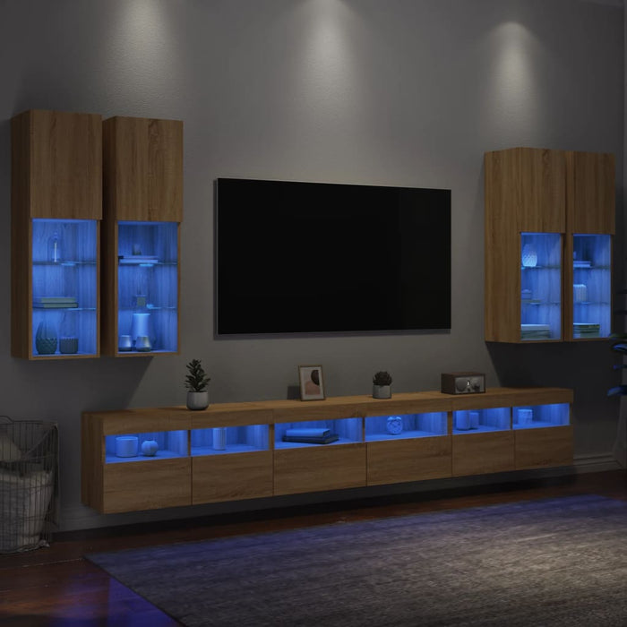 Comode TV de perete cu lumini LED, 7 piese, stejar sonoma - WALTI WALTI