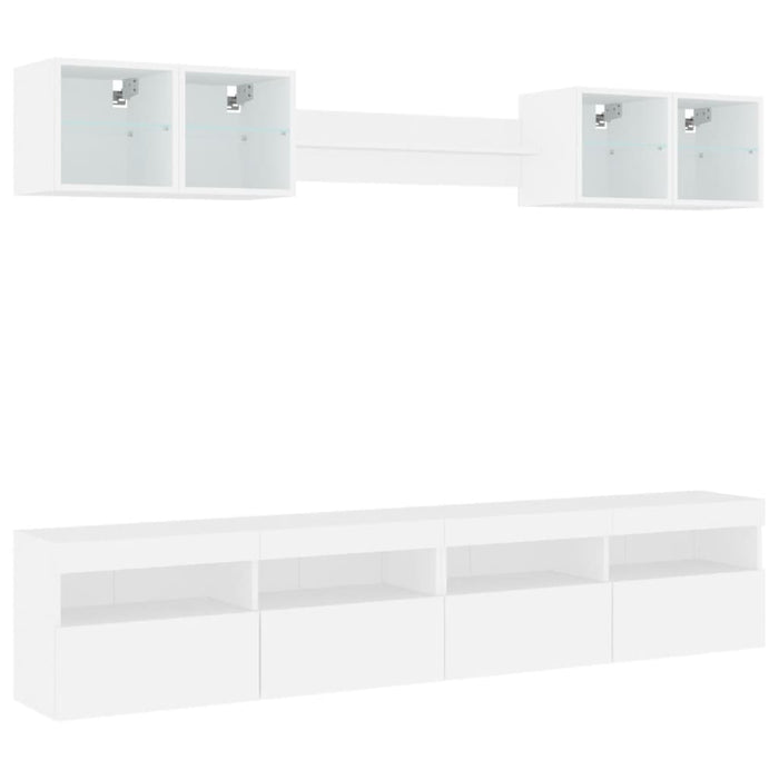 Set comode TV de perete, 8 piese, cu lumini LED, alb WALTI