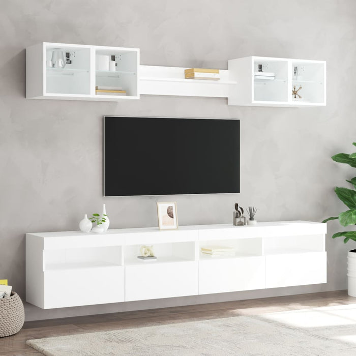 Set comode TV de perete, 8 piese, cu lumini LED, alb WALTI